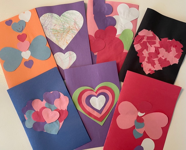 Valentines, hearts, heart cutouts, different sizes, valentine card making activity cards