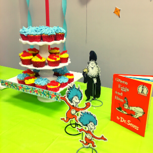 Dr. Seuss themed cupcakes on cake stand