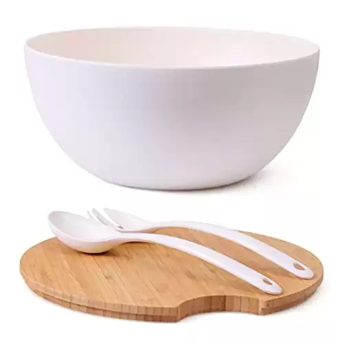 Clean Dezign 11.5" Large Salad and Serving Bowl with Bamboo Wood Lid and Servers Set - Bamboo Fiber Mixing Bowl and Utensils with Wooden Cutting Board Top (Large, Natural White)