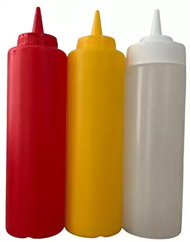 Ketchup Mustard and Clear BPA Free Food Prep Set of 3 Plastic Squeeze Bottles for Condiments Holds 12 oz Each