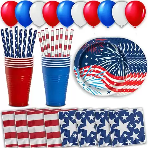 4th of July Plates and Napkins Sets. Independence Day Party Kit with American Flag, For 40 People, Disposable. Plates 9in, Blue & Red 12oz Cups, Paper Straws, Napkins 5in. 4th of July Party Suppli...