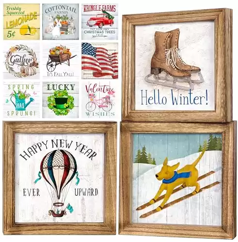 Set of 3 Rustic Wood Frames for Tiered Tray Decor with 36 Seasonal Interchangeable home signs Farmhouse Home Decor