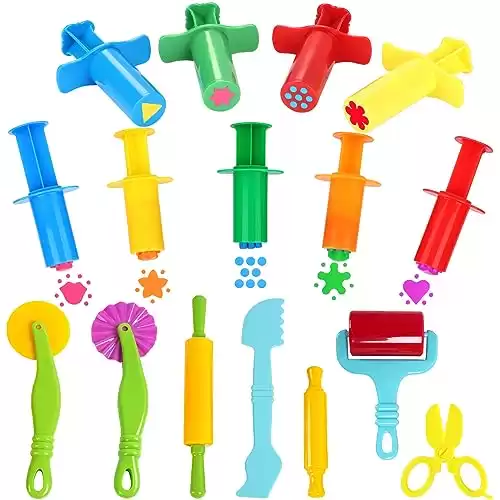 Oun Nana Playdough Tools, Playdough Accessories with Dough Extruders, Dough Scissors, Playdough Rollers and Cutters, 16 PCS Plastic Play Dough Tools Set for Kids(Random Color)
