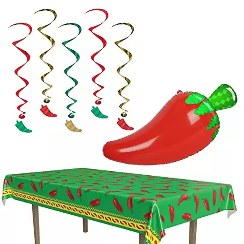 Generic Red Chili Pepper Party Decorations Kit with Inflatable Chili Pepper, Hanging Chili Whirls, and Plastic Table Cover – Perfect for Taco Party, Birthday Party or Fiesta