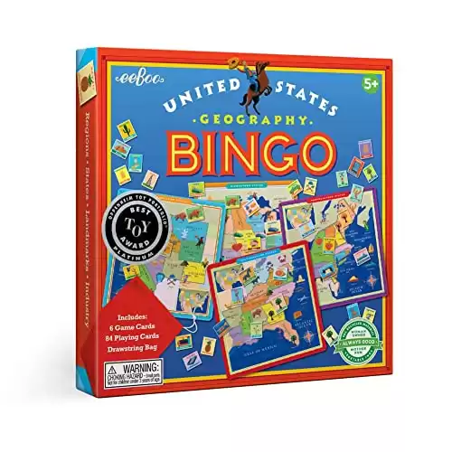 eeBoo: United States Geography Bingo Game, for 2 to 6 Players, Includes 6 Game Cards, 84 Playing Cards, & Drawstring Bag, for Ages 5 and up