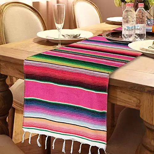 OurWarm Mexican Table Runner with Tassels 14in x 84in Fringe Cotton Striped Table Runners for Mexican Day of The Dead Party Decorations, Mexican Serape Blanket Table Runner