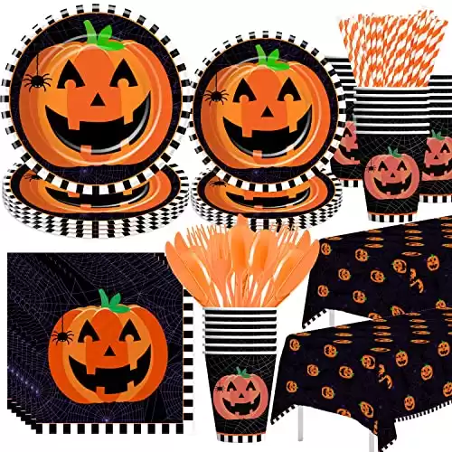 HIPVVILD Halloween Party Supplies – Halloween Party Decorations Tableware Include Halloween Plates, Cups, Napkins, Tablecloth, Cutlery, Straw, Pumpkin Theme Halloween Decorations Dinnerware | Se...