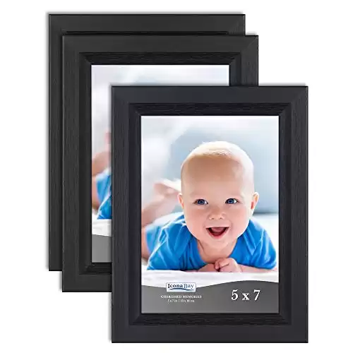 5x7 Picture Frame (Obsidian Black Wood Finish, 3 Pack), Traditional Style Composite Wood Frame