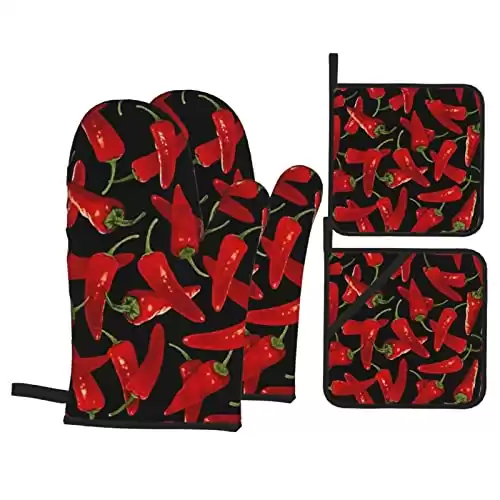Chili Peppers Chili Oven Mitts and Pot Holders Sets of 4 High Heat Resistant Oven Mitts with Oven Gloves and Hot Pads Polyester Potholders for Kitchen Baking Grilling BBQ Non-Slip Cooking Mitts