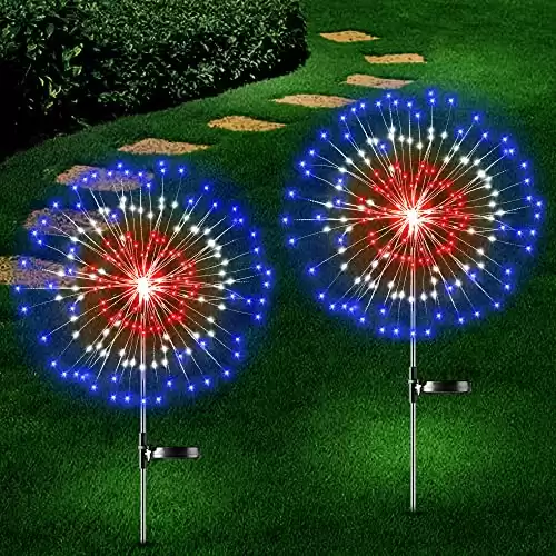 4th of July Decorations Outdoor Solar Lights, 2 Pack Fourth of July Red White and Blue Lights Patriotic Decoration, Outdoor Solar Firework Fairy Lights with 180 LED 8 Lighting Modes for July 4th Decor