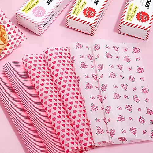 Whaline 150Pcs Valentine's Day Wax Paper Sheets Heart Rose Stripe Pink Food Picnic Paper Greaseproof Waterproof Wrapping Tissue for Food Deli Hamburger Sandwich Valentine's Day Cooking Fryin...
