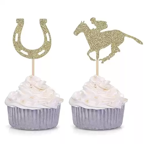 24 Kentucky Derby Cupcake Toppers Equestrian Horse Theme Party Picks Gold Glitter Party Supply