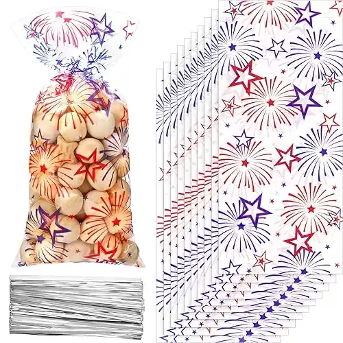 Outus 100 Pieces Patriotic Treat Bags, Independence Day Goodie Favor Bags 4th of July Fireworks Cellophane Plastic Candy Bags with 100 Silver Twist Ties for American Memorial Day Party Supplies