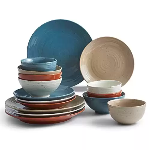 Sango Siterra Painter's Palette 16-Piece Stoneware Dinnerware Set with Round Plates and Bowls, Multicolor