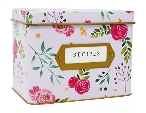 Jot & Mark Decorative Recipe Tin Box for Recipe Cards, Greeting Card Holder | Holds Hundreds of 4” x 6” Cards (Pink Peonies)