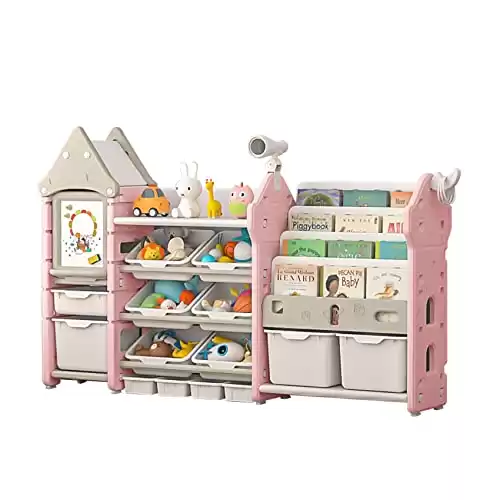 Kids Toy Storage Organizer and Bookshelf with 14 Bins, Pull-Out Drawers