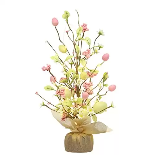 RoseCraft Easter Decorations, 18 Inch Pre-Lit Easter Egg Tree Tabletop Decor with Delicate Ornaments, for Home Party Wedding Holiday Spring Summer Decoration - Gifts, Yellow/Pink.