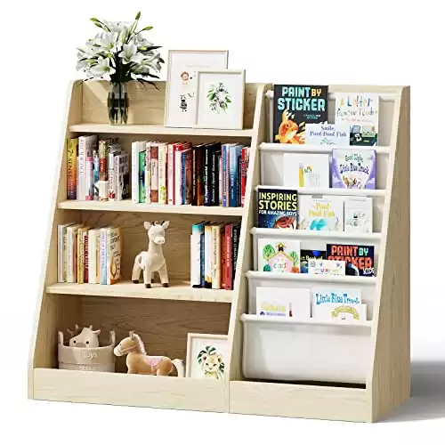 Kids Wooden Bookshelf, Five Layer Sling Bookcase, and Toy Organizer