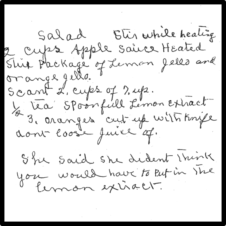 Orange Jello recipe in great grandmother's handwriting