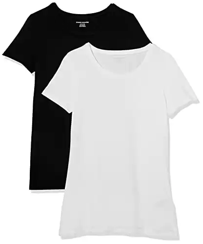 Amazon Essentials Women's Classic-Fit Short-Sleeve Crewneck T-Shirt, Pack of 2, Black/White, X-Small