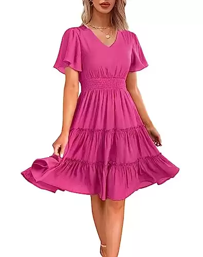 Zattcas Women 2024 Spring Summer Dress Chiffon Short Sleeve V Neck Smocked Casual Flowy A Line Boho Tiered Modest Teacher Work Vacation Midi Dress Hot Pink S