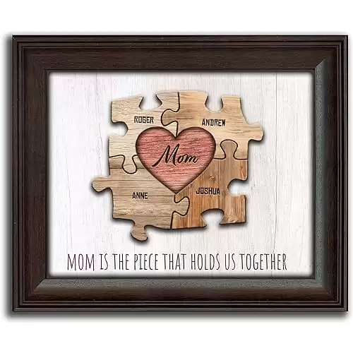 Mom & Children Personalized Heart Puzzle Wall Art Customized with up to 8 Names | Framed Canvas or Wood Block (4 Children, 14"x17" Framed