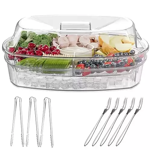 Chilled Veggie Tray with Lid, Shrimp Cocktail Serving Dishes for Entertaining, Ice Serving Platters and Trays Cold Travel Cookout Tailgate Essentials, Appetizer Fruit Snack Tray for Party Clear