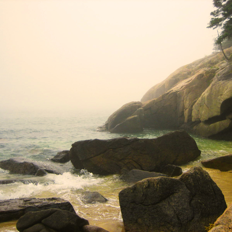 Misty day on rocky coast of Maine