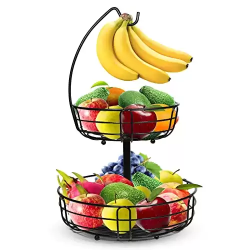 Fruit Basket - 2 Tier Fruit Bowl with Banana Hanger for Kitchen (Black)