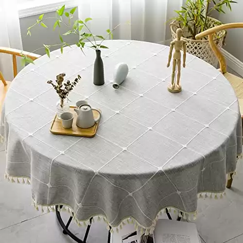 Cotton Linen Round Tablecloth, Tassel Stitching Table Cloth, Wrinkle Free Farmhouse Tablecover