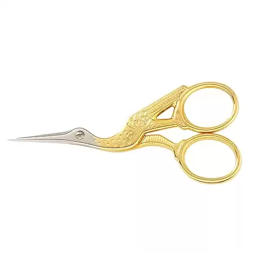 Gingher Stork Embroidery Scissors and Leather Sheath - 3.5" Craft Scissors for Fabric, Thread, and Needlework Yarn Cutting - Gold