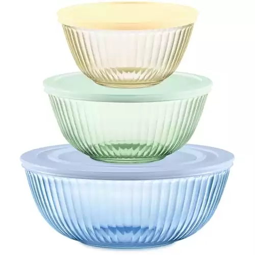 Pyrex Colors (3-Pack, Full Set) Sculpted Tinted Glass Mixing Bowls With Lids, Nesting Space Saving Set of Bowls For Prepping and Baking, 1.3QT, 2.3QT & 4.5Q