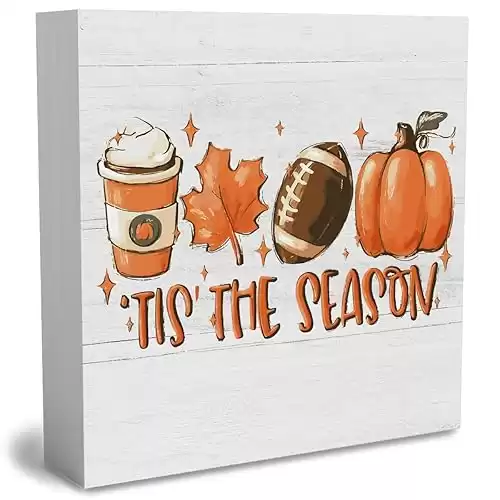 Rustic Tis’ the Season Pumpkin Wood Box Sign, Farmhouse Retro Fall Artwork Decor, Autumn Harvest Thanksgiving Wooden Square Sign Desk Block Signs Home Shelf Office Decoration 5 x 5 Inches