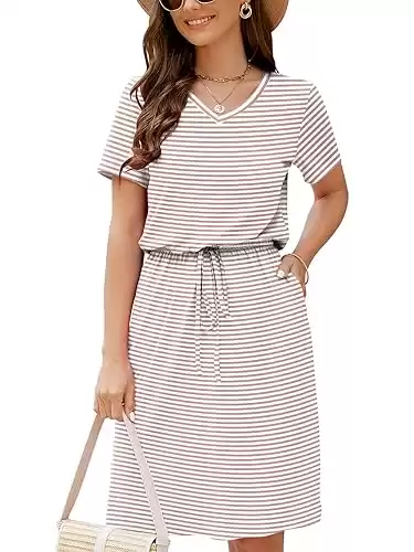 HUSKARY Women Summer Casual Midi Dresses Short Sleeve V Neck Drawstring Knee Length T Shirt Dress with Split and Pocket