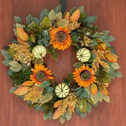 Fall Wreaths for Front Door, 22 Inch Sunflower Pumpkin Autumn Wreath, Artificial Fall Decor for Halloween Thanksgiving Indoor Outdoor Outside